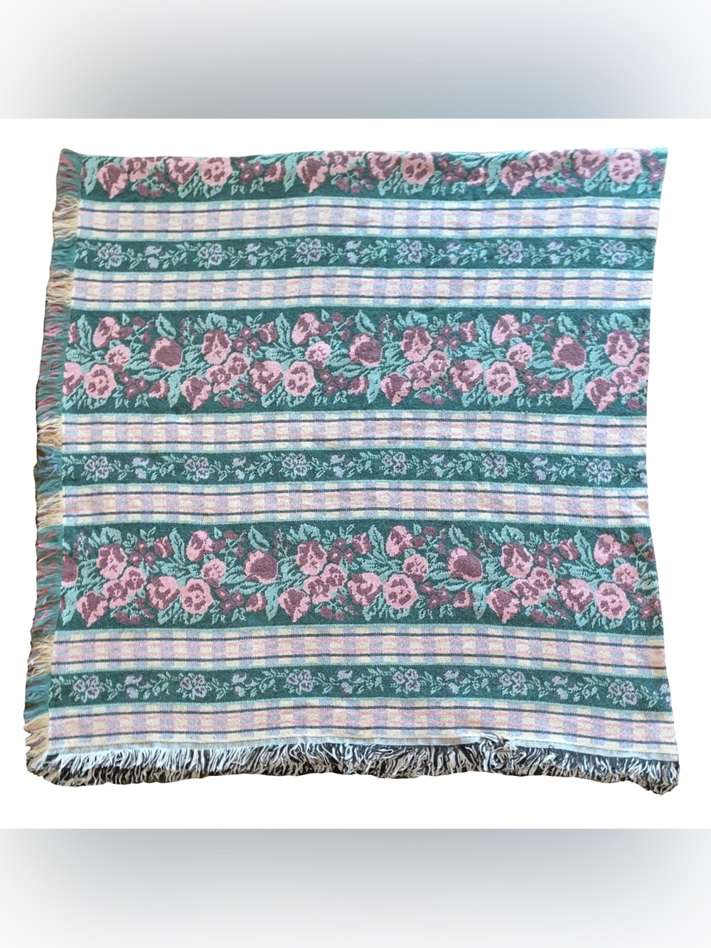 VTG Crown Crafts Tapestry Picnic Throw Blanket Floral Woven Fringe 94"x100" in